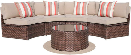SUNSITT 5-Piece Half Moon Outdoor Sectional Sofa Set with Cover, Patio Brown PE Wicker Furniture with Beige Cushions & Tempered Glass Coffee Table