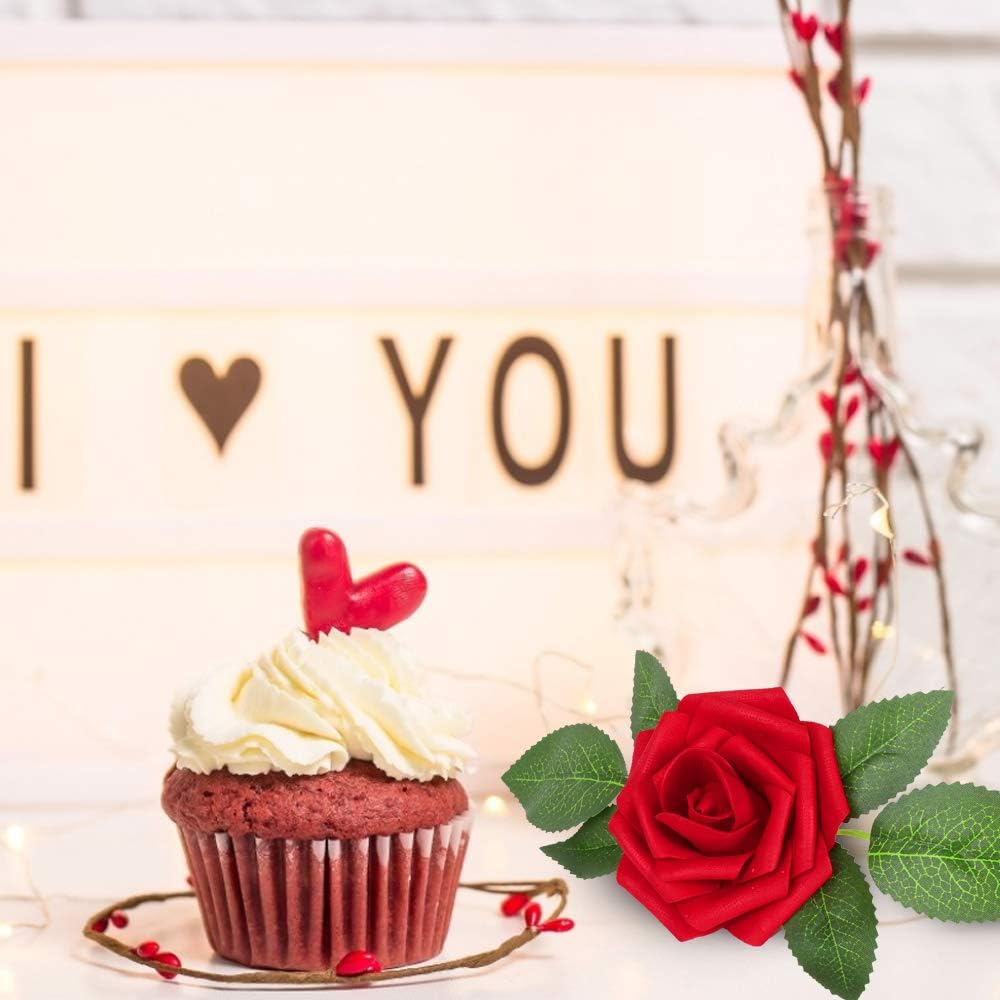 AmyHomie Artificial Flowers Dark Red Rose 50pcs Real Looking Fake Roses w/Stem for DIY Wedding Bouquets Centerpieces Arrangements Party Baby Shower Home Decorations