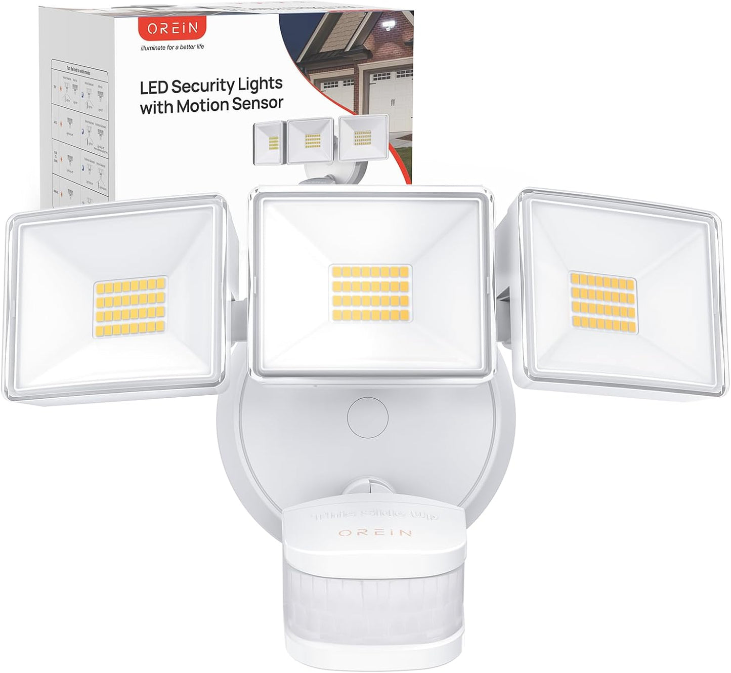 OREiN 10000LM Flood Lights Outdoor, 180°/75FT Motion Sensor Outdoor Lights 4 Modes Dimmable Dusk to Dawn Floodlights IP65 Waterproof for 8000SQ.FT Area for Big Patio, Driveway, White (Hardwired)