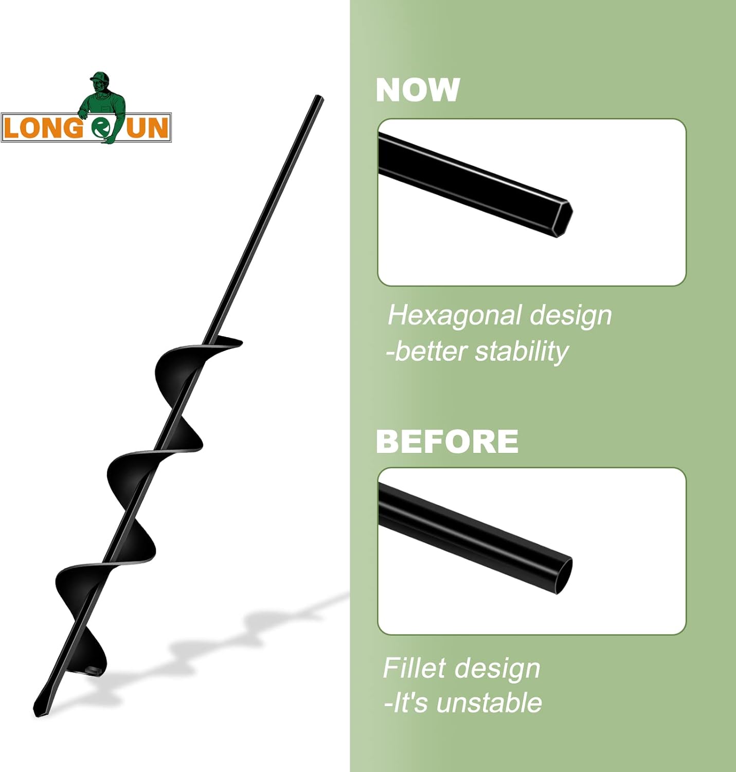 LONGRUN Auger Drill Bit for Planting, Garden Spiral Hole Drill for 3/8” Hex Drive Augers, Solid Shaft Hole Digger Easy Rapid Planter for Planting Trees, Bulbs, Seedlings-2.4"x22.84"