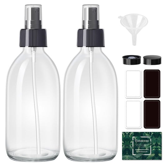 Tecohouse 2 Pack Glass Spray Bottles, 250ml Small Glass Bottles for Cleaning Solutions, Spray Bottles for Essential Oils, Plants, with Durable Nozzle, Labels, Funnel - Clear