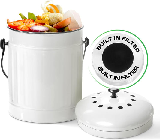 Plexon Countertop Compost Bin Kitchen with Lid, 1.5 Gallon Odorless Kitchen Compost Container, Steel Food Bucket with Charcoal Filter, Pail for Countertop, White