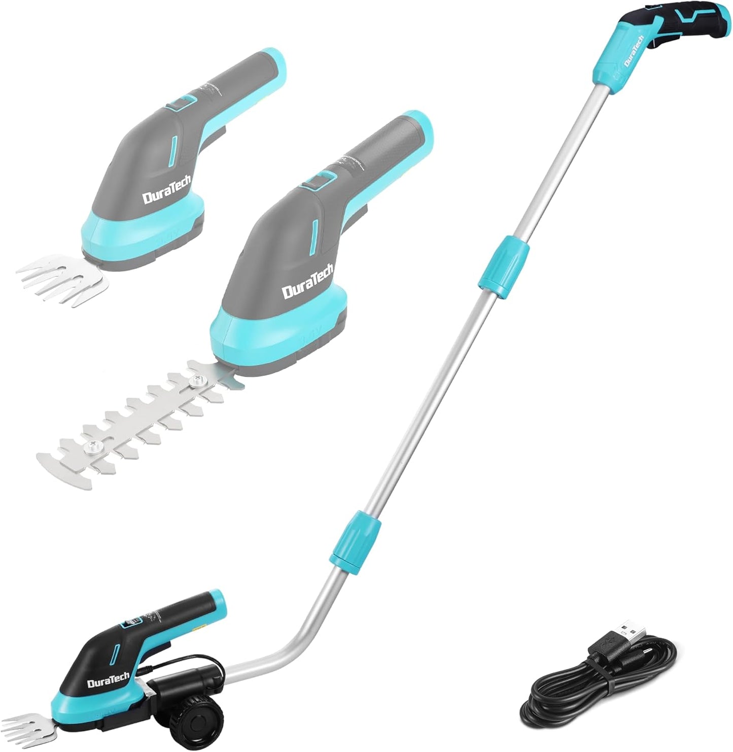 DURATECH Cordless Hedge Trimmer, 3.6V 3-in-1 Handheld Electric Grass Trimmer & Hedge Shears with 50" Wheeled Extension Pole, USB Type-C Cable and Built-in Li-ion Battery, for Garden, Yard and Lawn