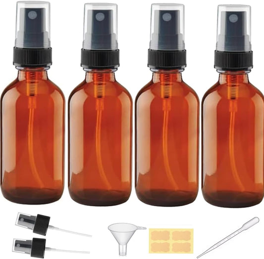 4 oz Amber Glass Spray Bottles - Small Empty Fine Mist Spray Bottle for Essential Oil,Face - Mini Dark Spray Bottles with,Included 6 Sprinkler, 1Funnels,1 Droppers, 4 Labels