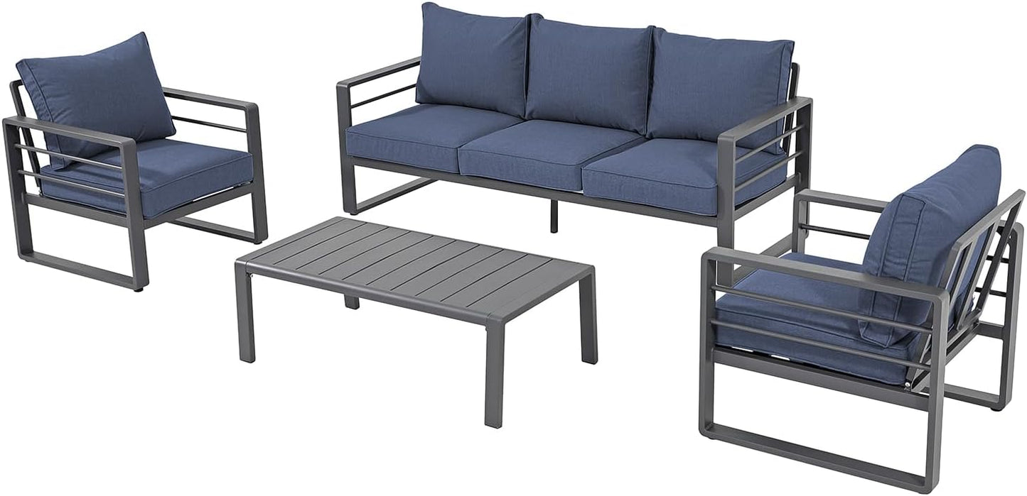 Patiorama Aluminum Patio Furniture Set, 4 PCS Modern Patio Conversation Set, All Weather Dark Grey Outdoor Sectional Sofa Set w/Table, 3-Seater Sofa, Superior Olefin Cushion, Garden-Blue Cushion