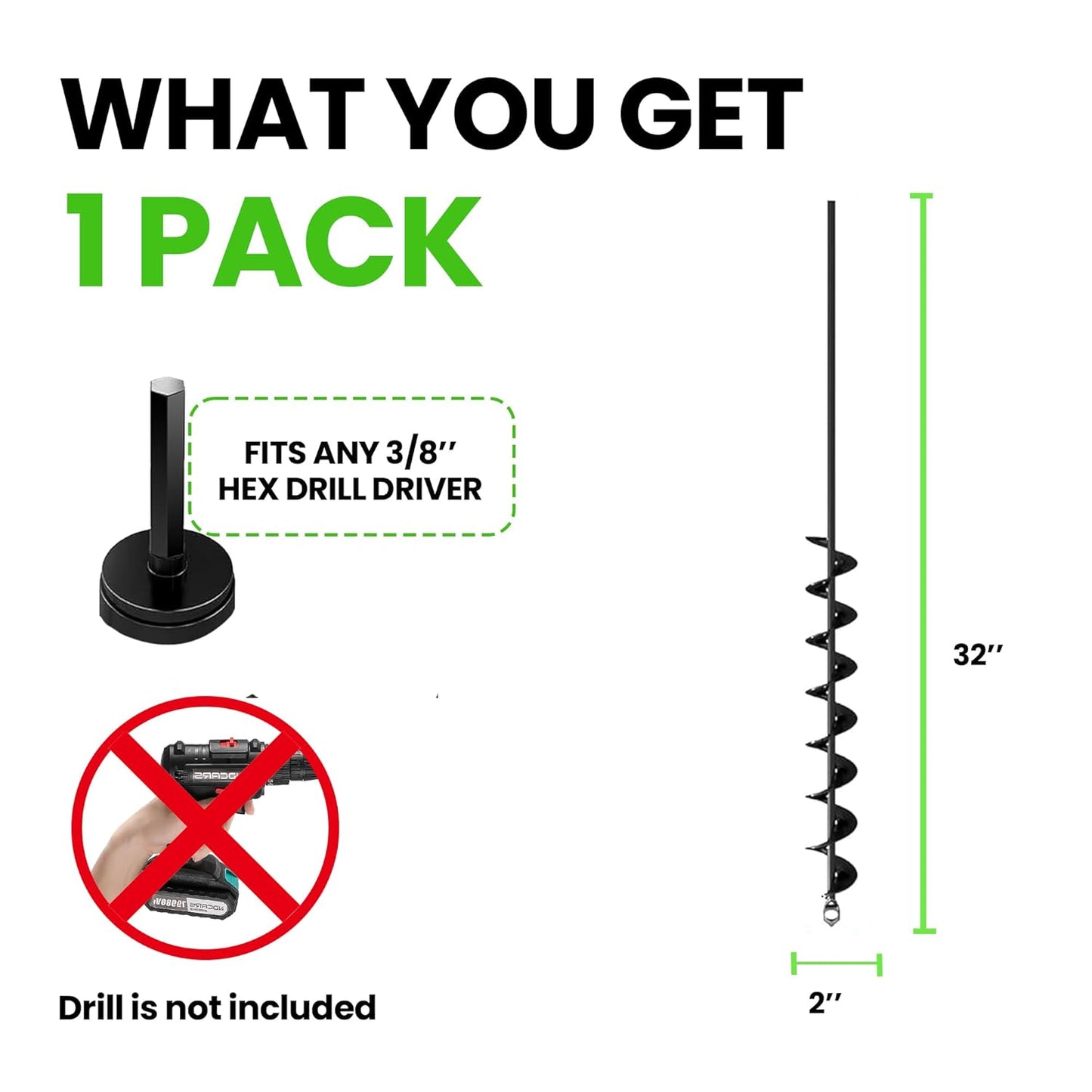 K-Brands Auger Drill Bit for Planting – 2 x 32 Inch -No Squat Garden Spiral Hole and Bulb Planter Tool for Umbrella Holes - Compatible with 3/8 Inch Hex Drive
