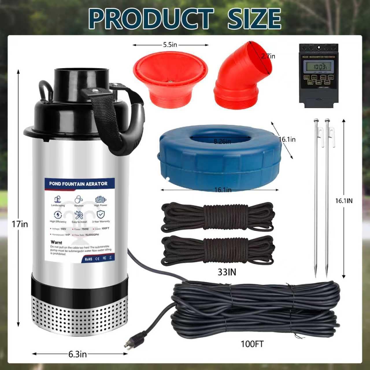 Pond Fountain Aerator 1 HP 15,000 GPH Fountain Pump with Timer 15A/110V 100-foot Power Cord 33x2Ft Traction Rope High-efficiency energy-saving water circulation system for ponds and lakes