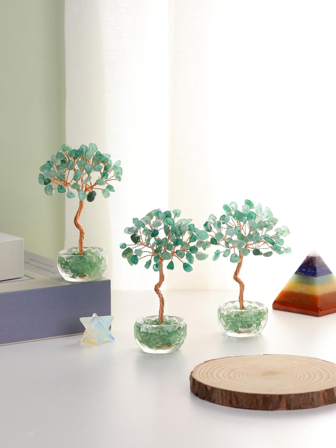 Jovivi Small Green Aventurine Crystal Tree, Natural Crystal Healing Stones Tree Glass Bowl Base Gemstone Money Trees Feng Shui Good Luck Home Desk Decor