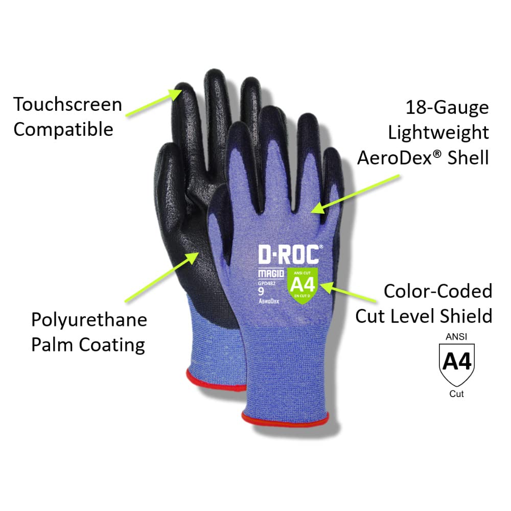 MAGID D-ROC ANSI A4 AeroDex Polyurethane Palm Coated Work Gloves, 1 Pair, Size 6/XS, GPD482