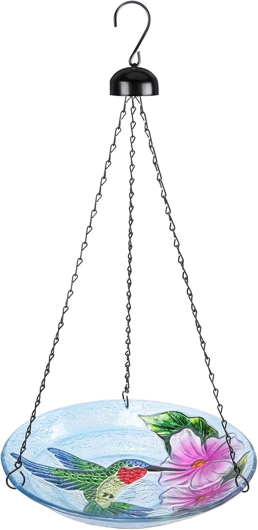 VCUTEKA Glass Hanging Bird Bath for Outdoors, BirdBaths with 21-Inch Rust-Proof Chain, Garden Yard Decor, Hummingbird Pattern