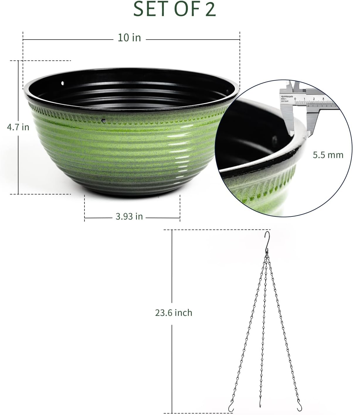 10 Inch Hanging Planter, 2 Pack Hanging Planters for Indoor Outdoor Plants Self Watering Hanging Pots with Drainage Holes for Garden Home (Green)