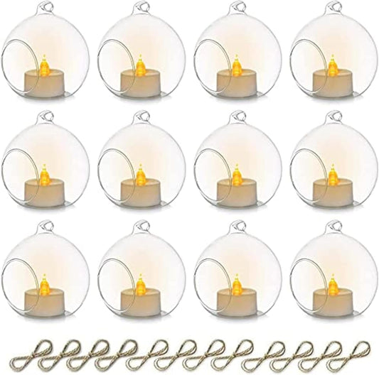 Sziqiqi Hanging Glass Globes Orbs Tea Light Candle Holders with Flameless LED Tealight for Wedding Ornaments Wedding Birthday Christmas Party Centerpiece Accessory 3.15in 12pcs