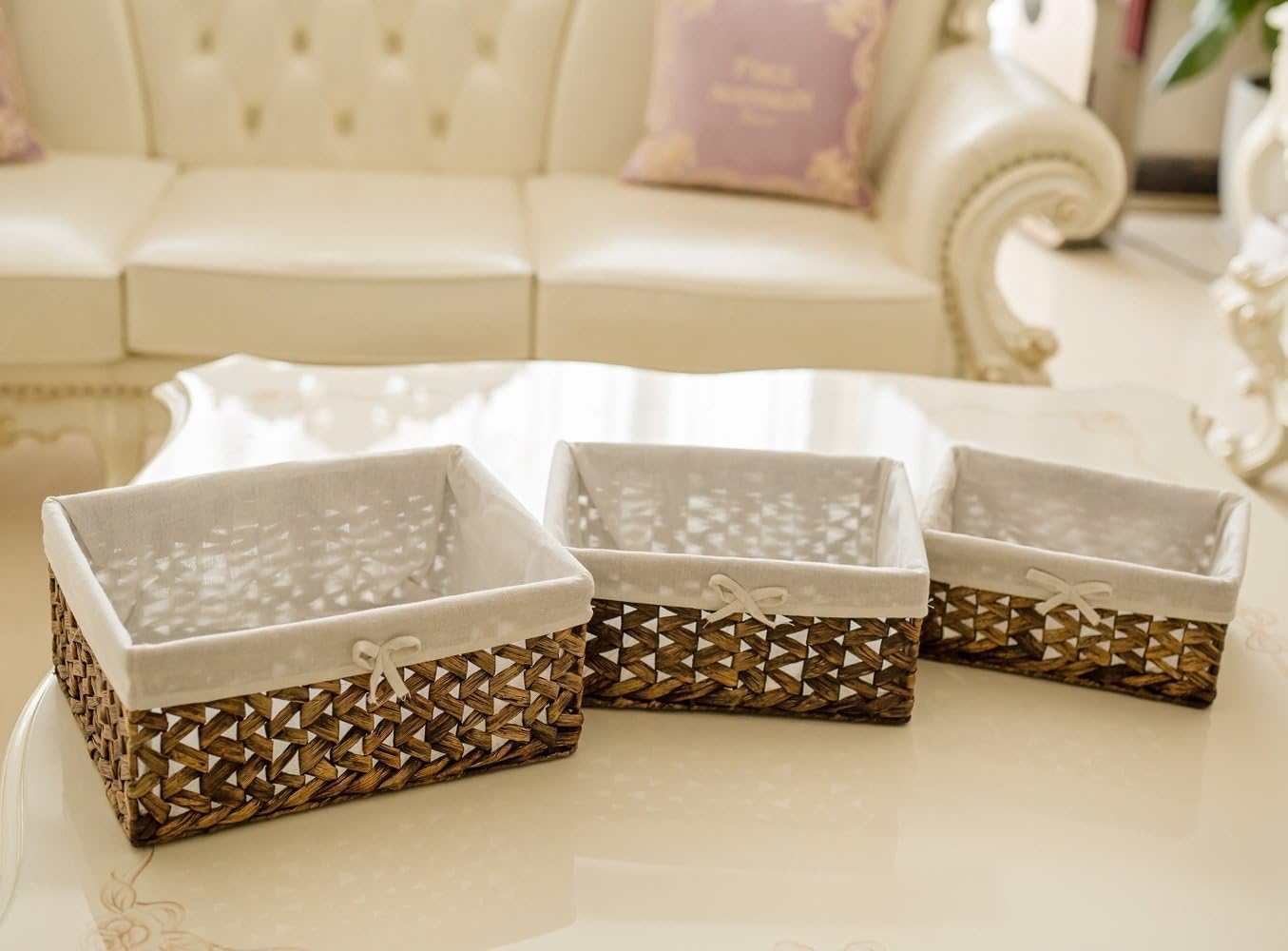 Rectangular Woven Seagrass Storage Bins with Handle,Kingwillow. (water hyacinth, Medium)