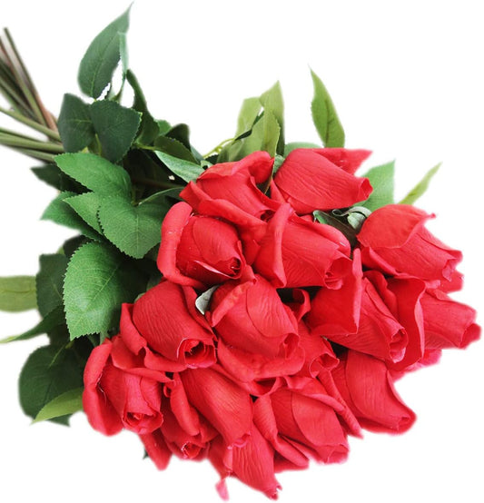 12pcs Real Look Artificial Rose Buds, 22 Inch Real Touch Silk Rosebud, Realistic Design Artificial Flower with Real Feel Petals,Silk Flower Bud for Wedding Home Décor,Red
