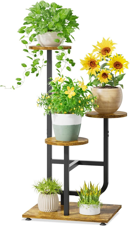 iDavosic.ly 3 Tier Plant Stand Indoor, Corner Tiered Multiple Flower Holder Shelf with Wooden Trays, Orchid Display Metal Rack for Patio Porch Living Room Balcony Outdoor, Modern Black & Rustic Brown
