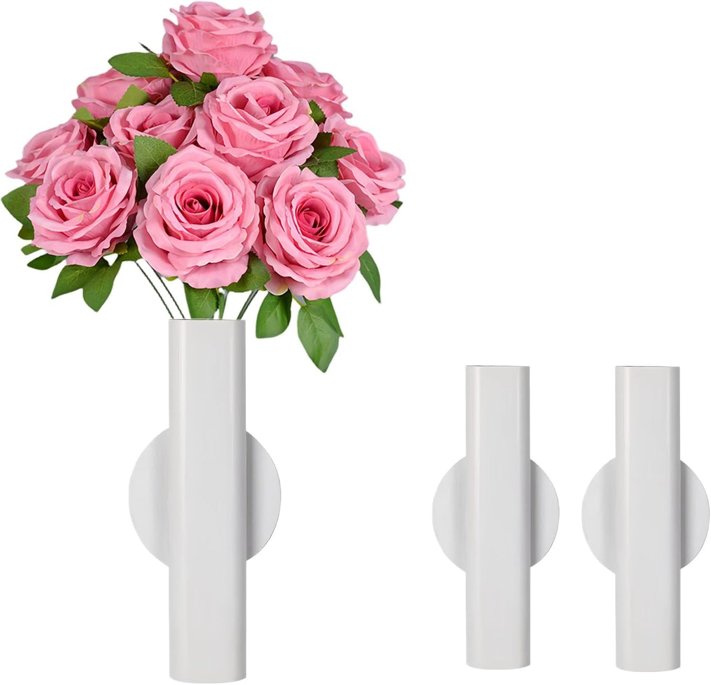 Self Adhesive Wall Vase Metal Tube Decoration Holder Used to Display Dried Flower, Faux Flowers, Fake Flowers, Also Suitable for Cemetery Memorial Decoration (2 Pcs White)