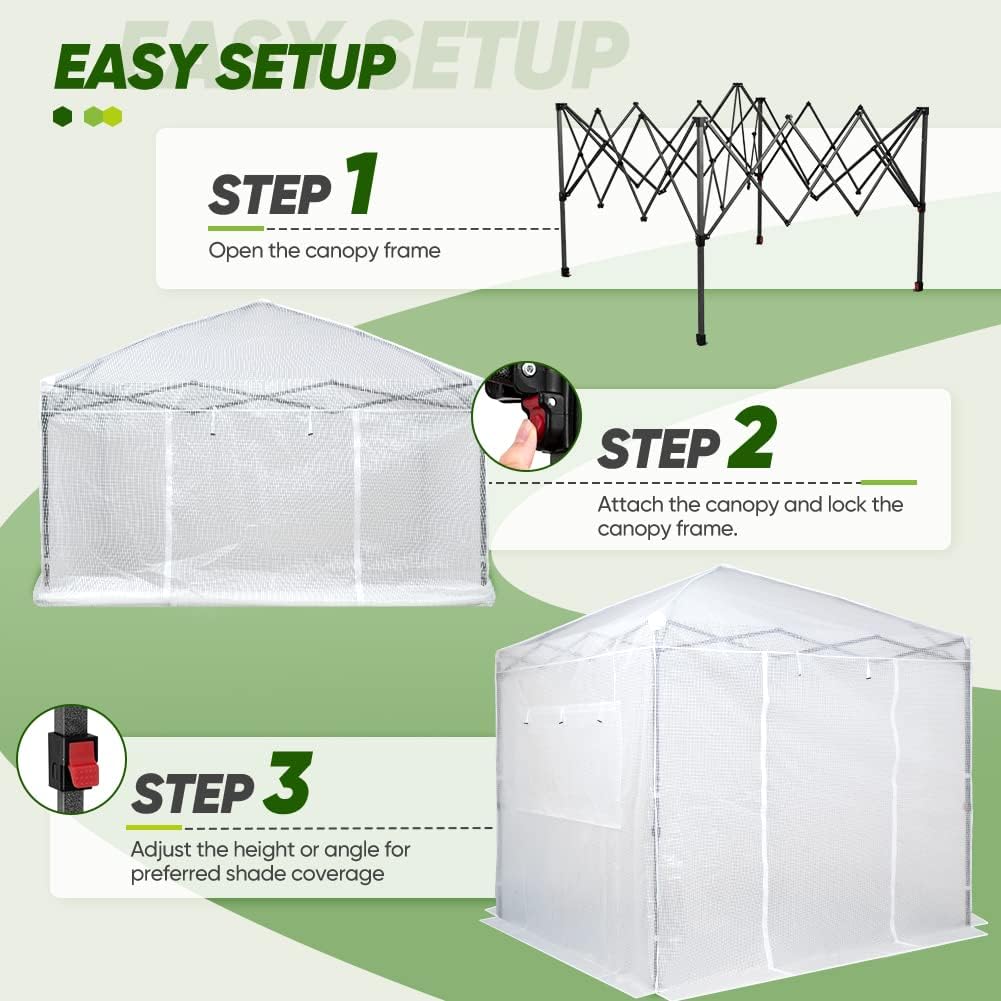 EAGLE PEAK Instant Pop-up Greenhouse, Indoor Outdoor Plant Gardening Green House, Roll-Up Zipper Doors and Side Windows, Walk in 8x8 ft, PE Cover, White/Clear