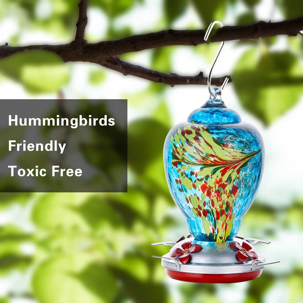 WOSIBO Hummingbird Feeder for Outdoors Patio Large 32 Ounces Colorful Hand Blown Glass Hummingbird Feeder with Ant Moat Hanging Hook, Rope, Brush and Service Card (Blue)