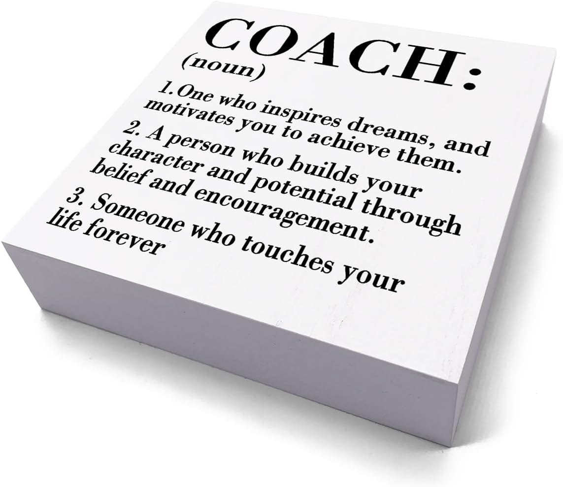 HTBIG Rustic White Wooden Coach Definition Sign, 5.1 x 5.1 Inches, Perfect for Home Office, Bedroom, Classroom, Cubicle, Counseling Desk, Shelf, Table Decoration