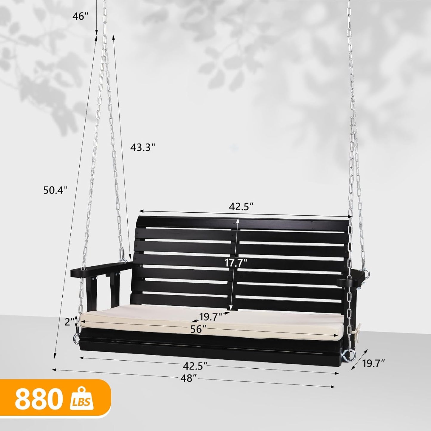 VINGLI Outdoor 4 FT Porch Swing, Heavy Duty 880 LBS Wooden Patio Swings with Cushions, Farmhouse Style Hanging Bench with Adjustable Chains for Yard | Garden | Lawn | Balcony, Black