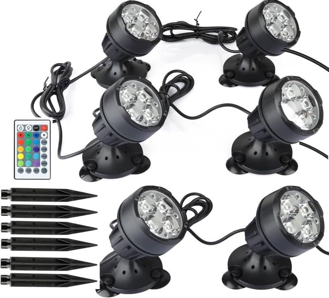 Pond Lights Colored, LED Fountain Lights RGB Outdoor Spotlight with Timer IP68 Waterproof Submersible with Spiked Stand for Garden Lawn Yard Water Landscape (Set of 6)