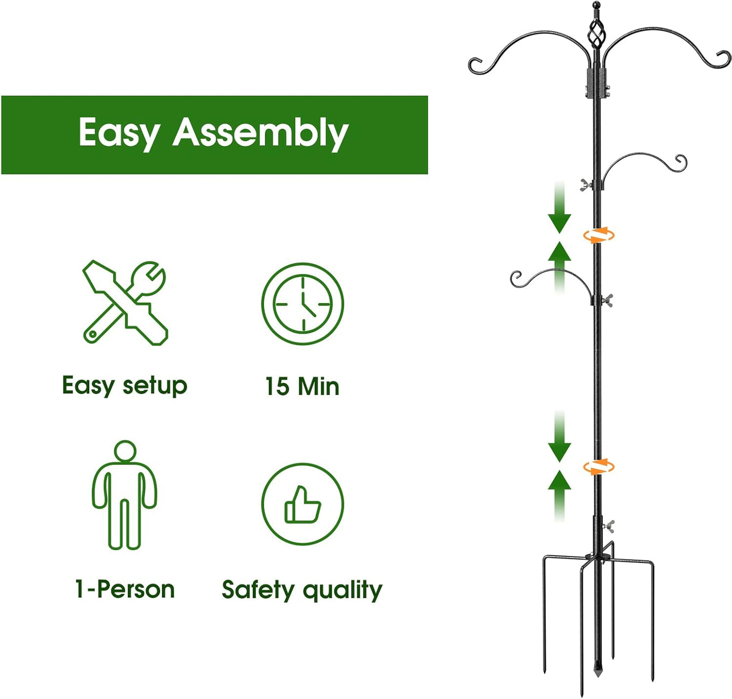 Bird Feeder Pole Wild Bird Feeder Hanging Kit Planter, 83 Inch Bird Feeding Station Kit with 5 Prongs Base Hummingbird Feeder Stand Hook for Outside