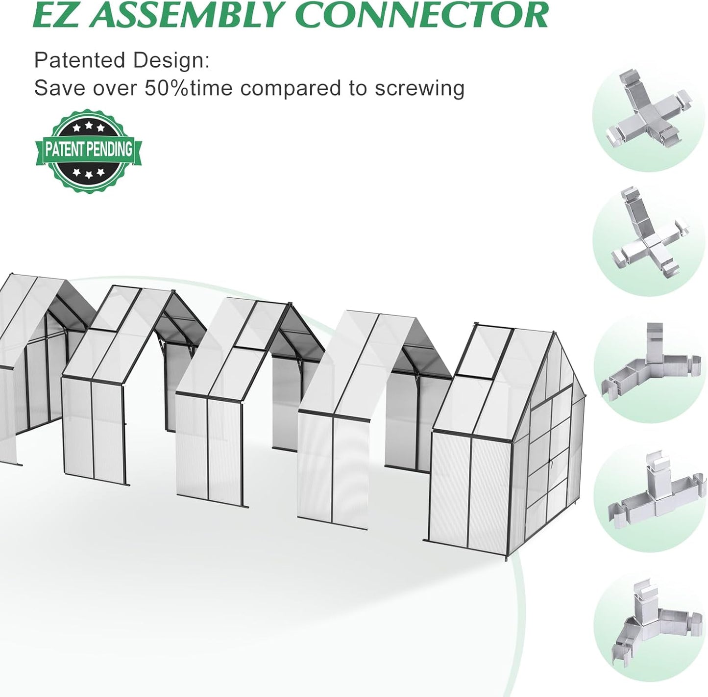 10'x10'x36' Snap-Together Greenhouse - Easy 3-Way Connectors, Heavy-Duty Aluminum Frame, Wind/Snow Resistant for Gardening/Urban Farming, Includes Sliding Door & Ventilation Windows