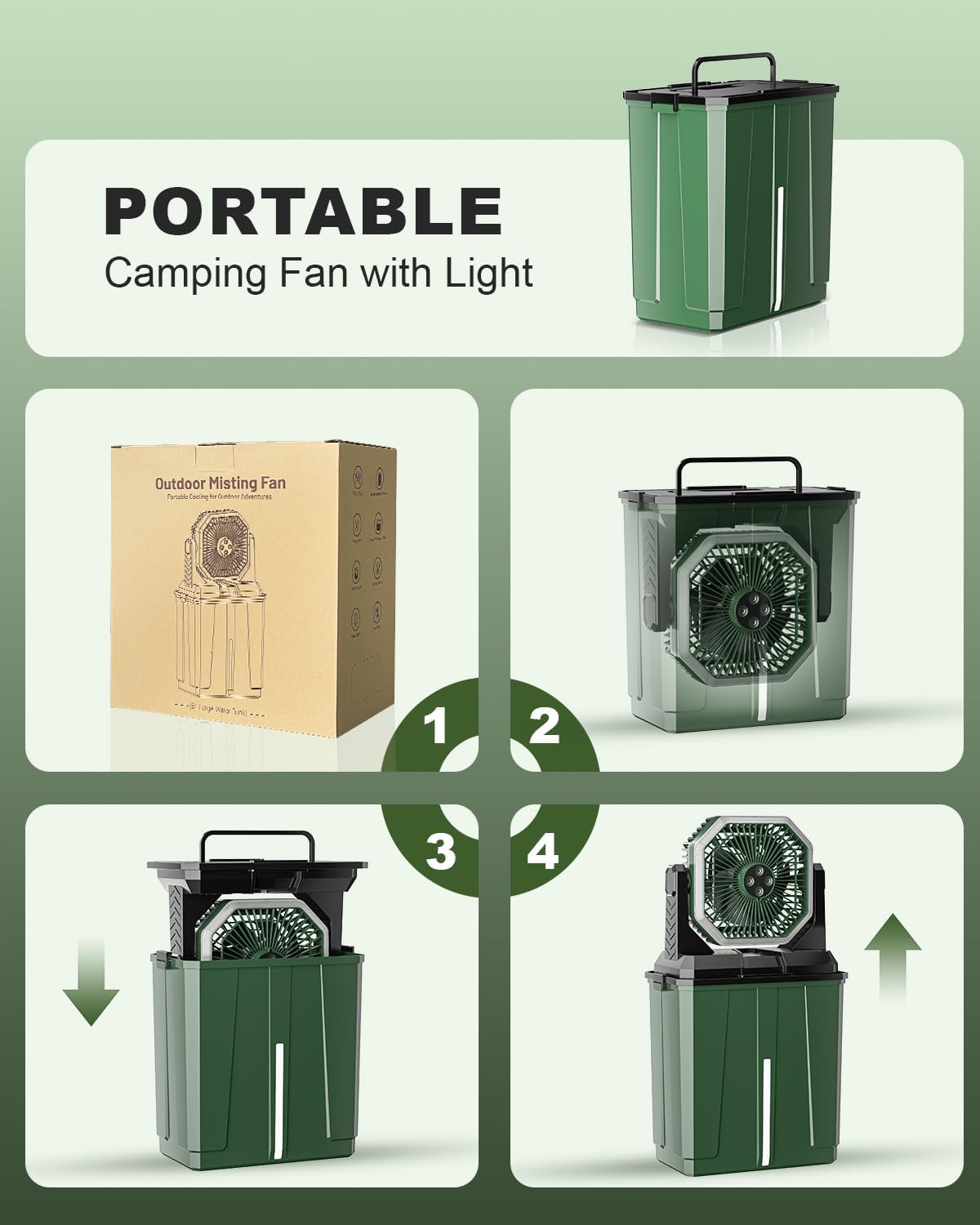 Coolice Camping Bucket Misting Fan 8L Water Tank, 24000mAh Outdoor Misting Fan with 2 Spray Modes & 3 Speeds, 3-speed LED lights Floor Cooling Fans, Portable Camping Fans for Garden, Patio, Worksite