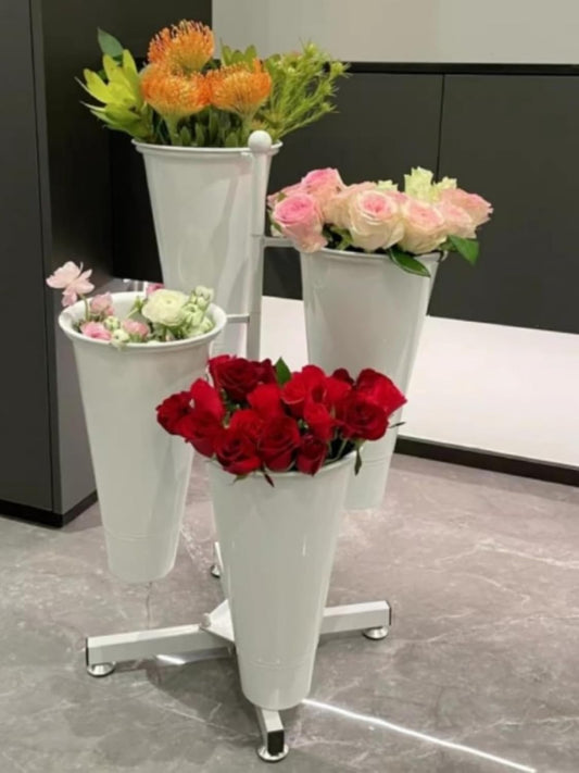 Flower Display Stand with 4 Bucket,Floral Stand with Foldable Frame for Silk Fresh Flowers,4 Tier Florist Shelf Plant Cart for flower shop Garden Living Room,Easy to Install (White Shelf+White Bucket)