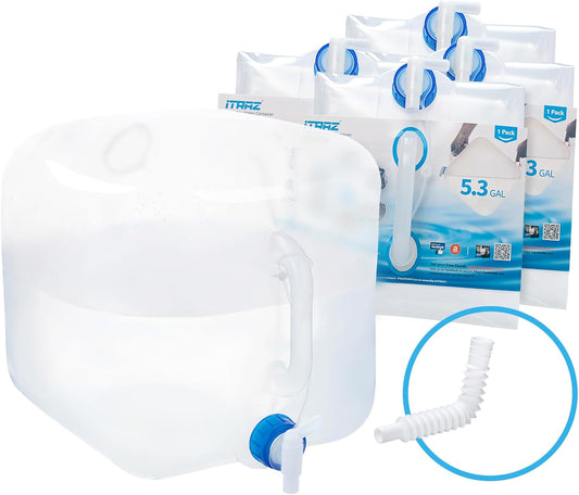 Collapsible Water Container Jug, 4×5.3 Gallon BPA Free Camping Water Storage Canteen with Spigot, for Hiking Backpack RV Outdoors & Emergency, Portable Survival Kit - Food Grade Transparent PE