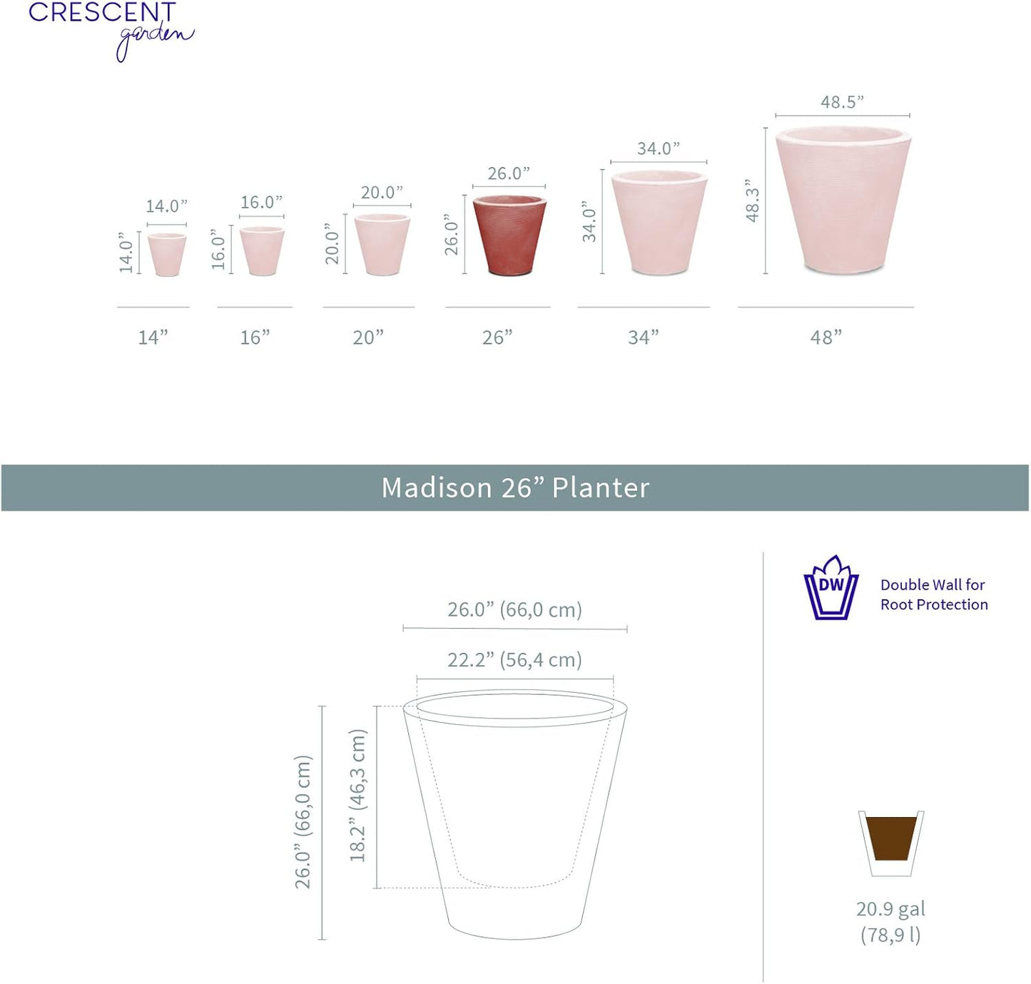 Crescent Garden Madison Planter– Weather-Resistant, Double Walled Indoor/Outdoor Plant Pot with Drain Hole – Large Plastic Plant Pot, 26" W (Mocha)