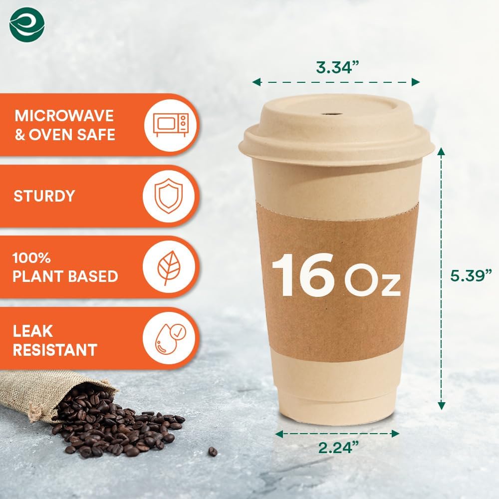 ECO SOUL 100% Compostable Coffee Cups With Lids & Sleeves - 16Oz (25 Counts) To Go Coffee Disposable Bagasse Cups |Sturdy & Eco-Friendly Cups for Cafes, Party, Office