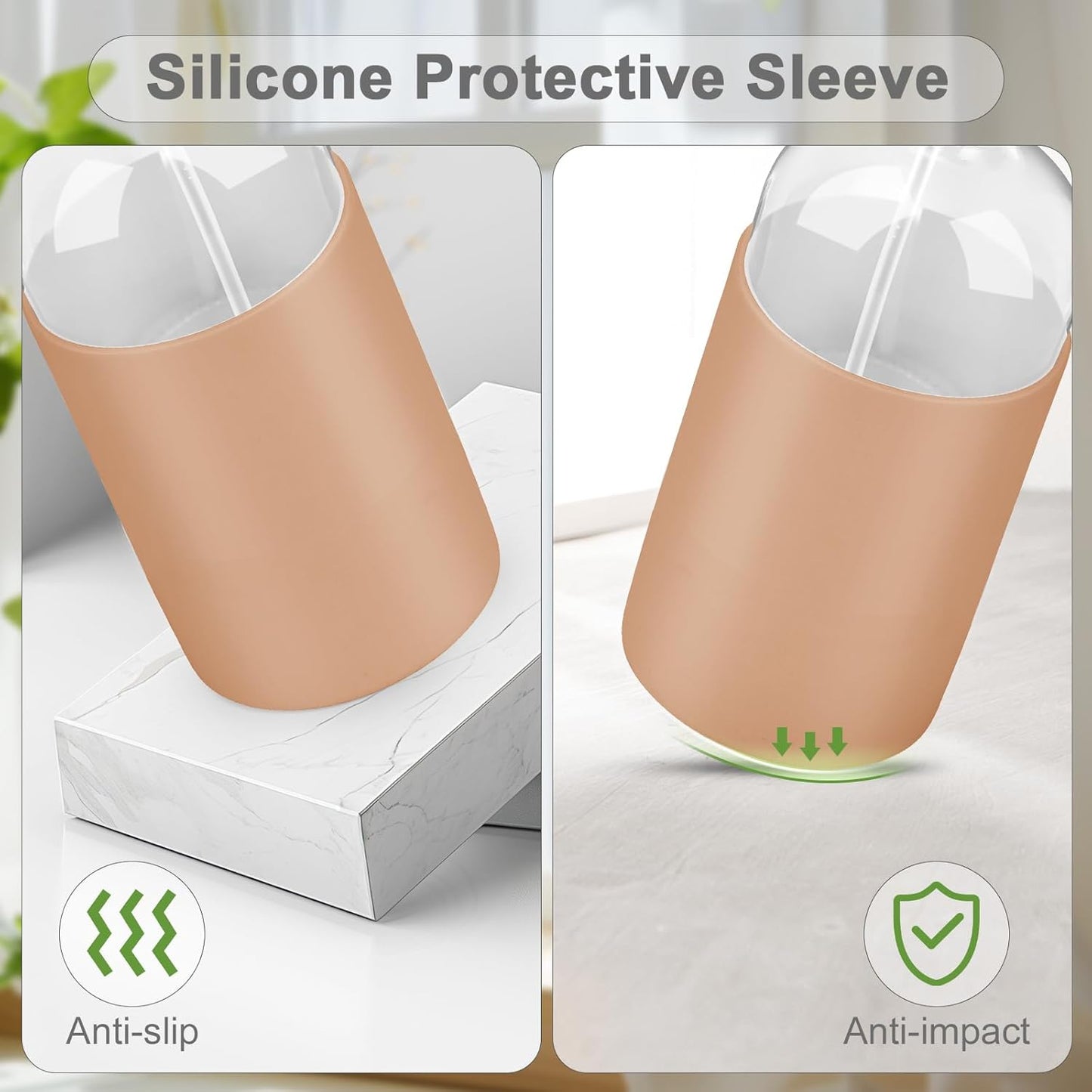 2 Pack Glass Spray Bottles with Silicone Sleeve, 16 oz Empty Refillable Containers with Adjustable Spray Nozzles, Spray Bottles for Hair, Cleaning Solutions and Plants Pink&khaki