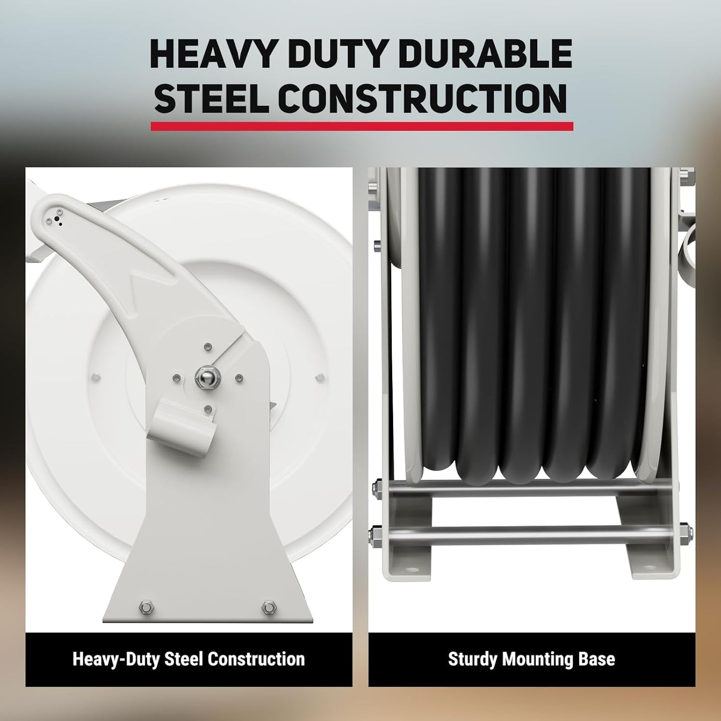 Fuel Hose Reel 3/4" x 50' Retractable with Fueling Nozzle Diesel Hose Reel 300 PSI Industrial Auto Swivel Heavy Duty Steel Construction for Farm Ship Vehicle Tank