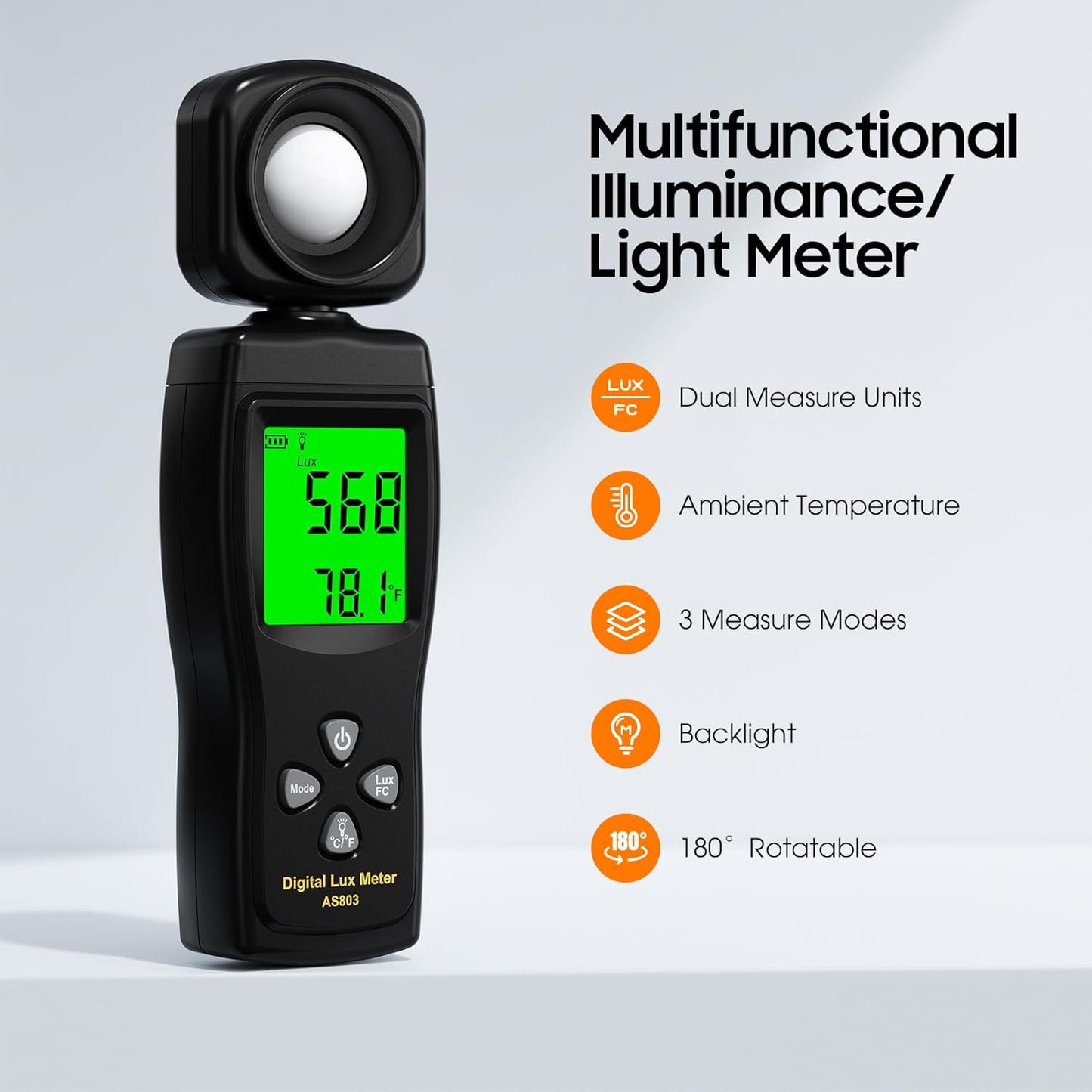 Digital Illuminance Lux Meter, 0~200,000 Lux Range with 180º Rotating Sensor Light Meter Foot Candles, Backlight LCD Display, Handheld Light Meter for Plants, Photography, Indoor, Film Camera