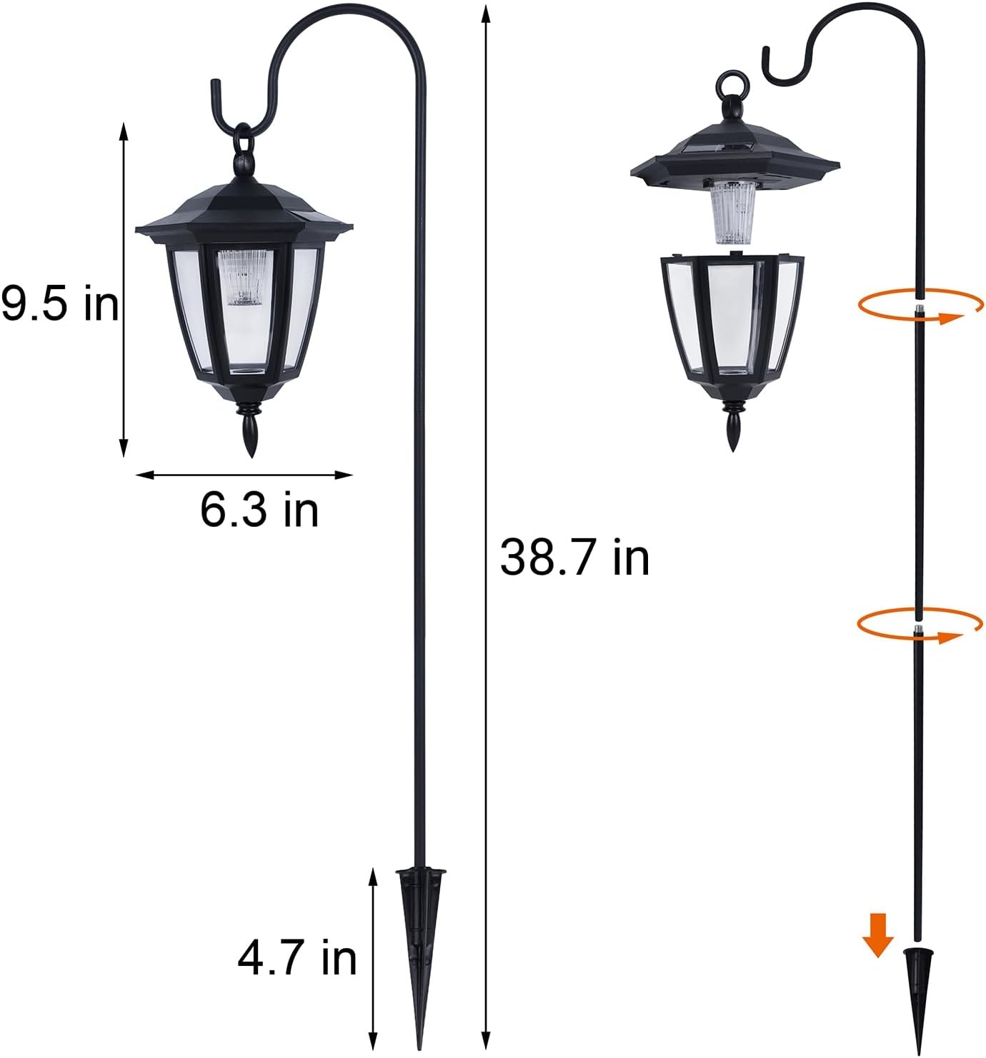 Dynaming 6 Pack Solar Hanging Lights Outdoor, Solar Powered Garden Decorative Lanterns with 6 x 38 Inch Shepherd Hooks, Waterproof Landscape Lighting for Lawn Patio Yard Pathway Driveway, Warm White