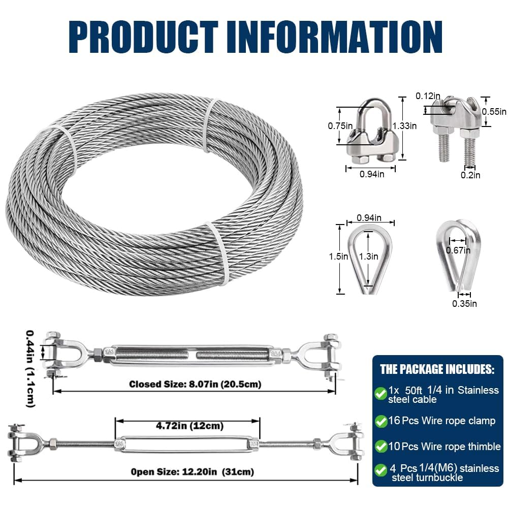 1/4" Wire Rope Kit, 50ft Stainless Steel Cable with 4Pcs 1/4 Turnbuckle, Clamp & Thimble, 7x19 Strands Heavy Duty Metal Cable,1400 lbs Load Limit, Turnbuckles for Cables Wire, Zipline