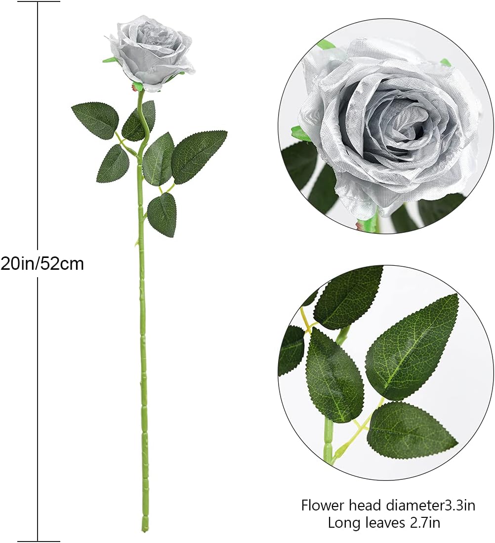 Hawesome 12PCS Artificial Silk Flowers Realistic Roses Bouquet Long Stem for Home Wedding Decoration Party (Silver 1)