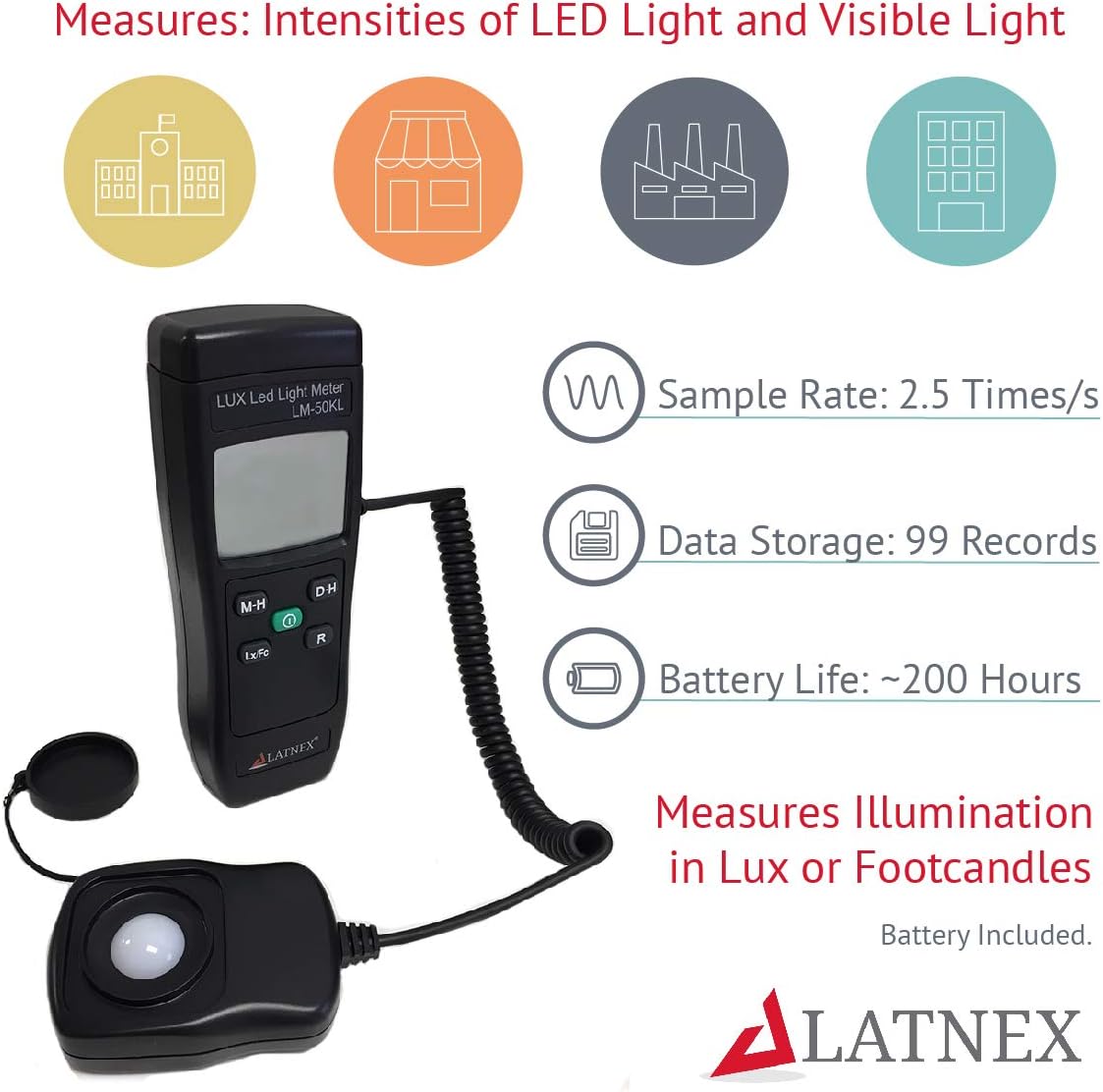 LATNEX Light Meter LM-50KL Measures Lux/Fc - LED/Fluorescent, Industrial, Household, and Photography - Calibration Certificate Included