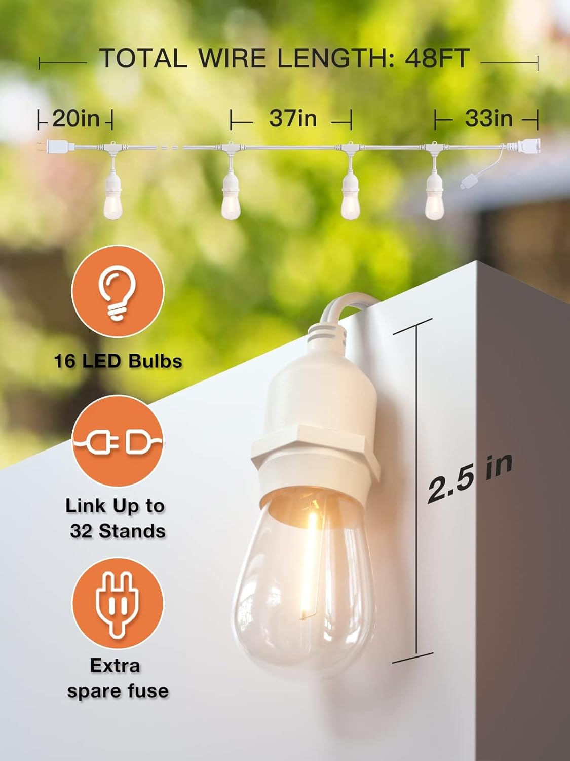 addlon 96FT(48FT*2) LED Outdoor String Lights, Dimmable Edison Vintage Shatterproof Bulbs and Commercial Grade Weatherproof Strand - ETL Listed Heavy-Duty Decorative Cafe, Patio, Market Light White