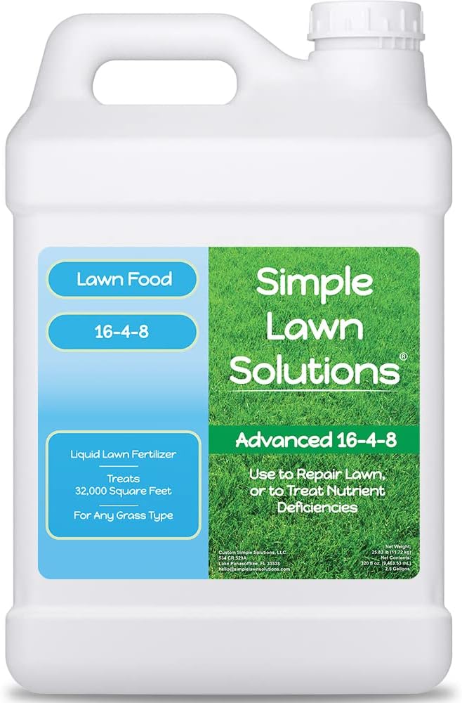Advanced 16-4-8 Lawn Fertilizer - Liquid Lawn Food Spring & Summer Concentrated Spray - Any Grass Type- Fish and Seaweed Kelp- Balanced NPK - Simple Lawn Solutions (2.5 Gallons)