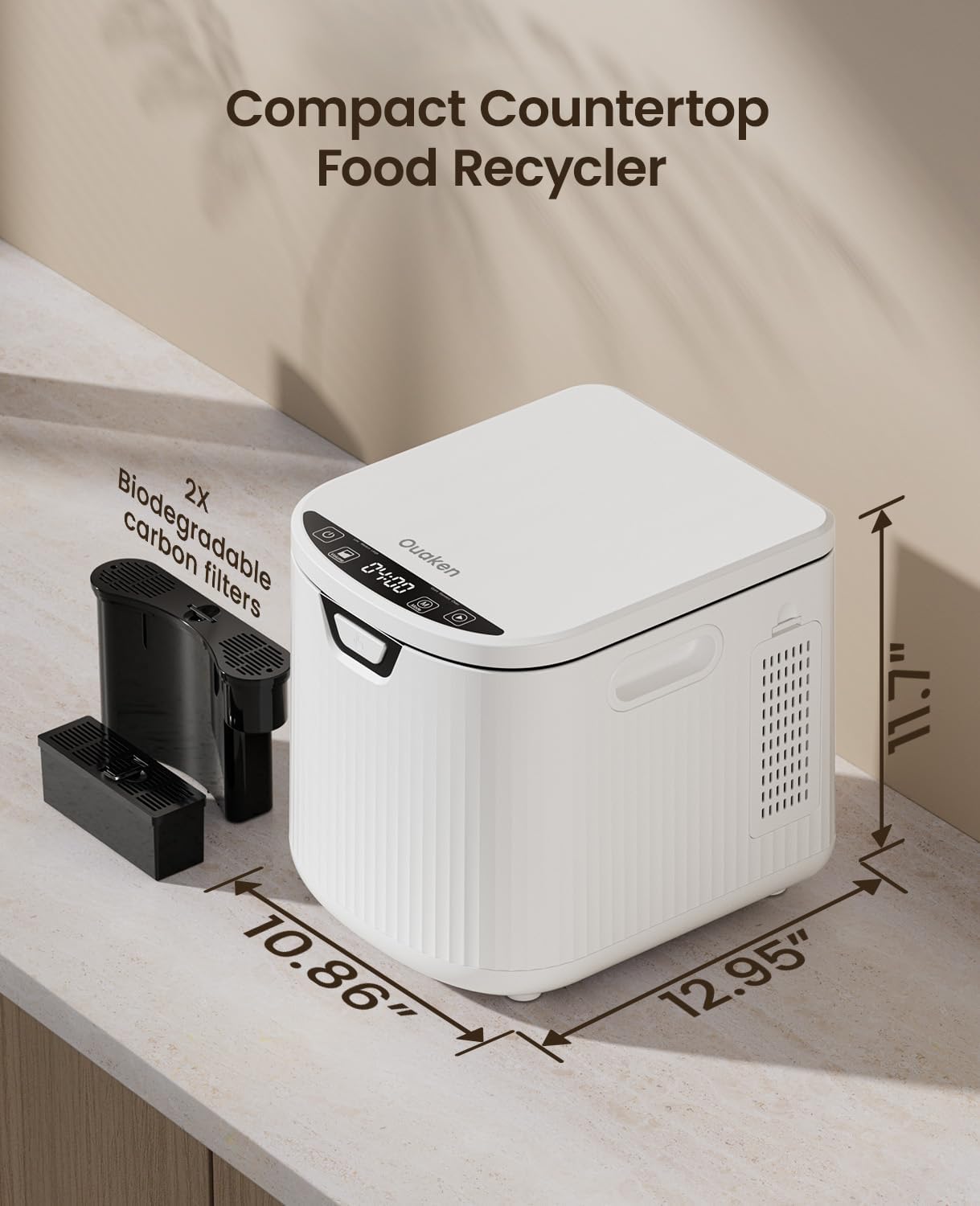 Electric Composter for Kitchen,Ouaken 3L Indoor Kitchen Waste Compost Machine Countertop Smart Composting Bin,Compact Food Recycler for Home with Low Noise,Odorless,Auto-Clean,LED Display