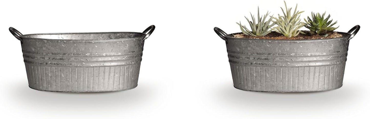 Headwind Robert Allen 16.5" Oval Tub Metal Planter w/Handles – Lightweight Galvanized Steel with Drainage Holes – Indoor/Outdoor Garden Pot