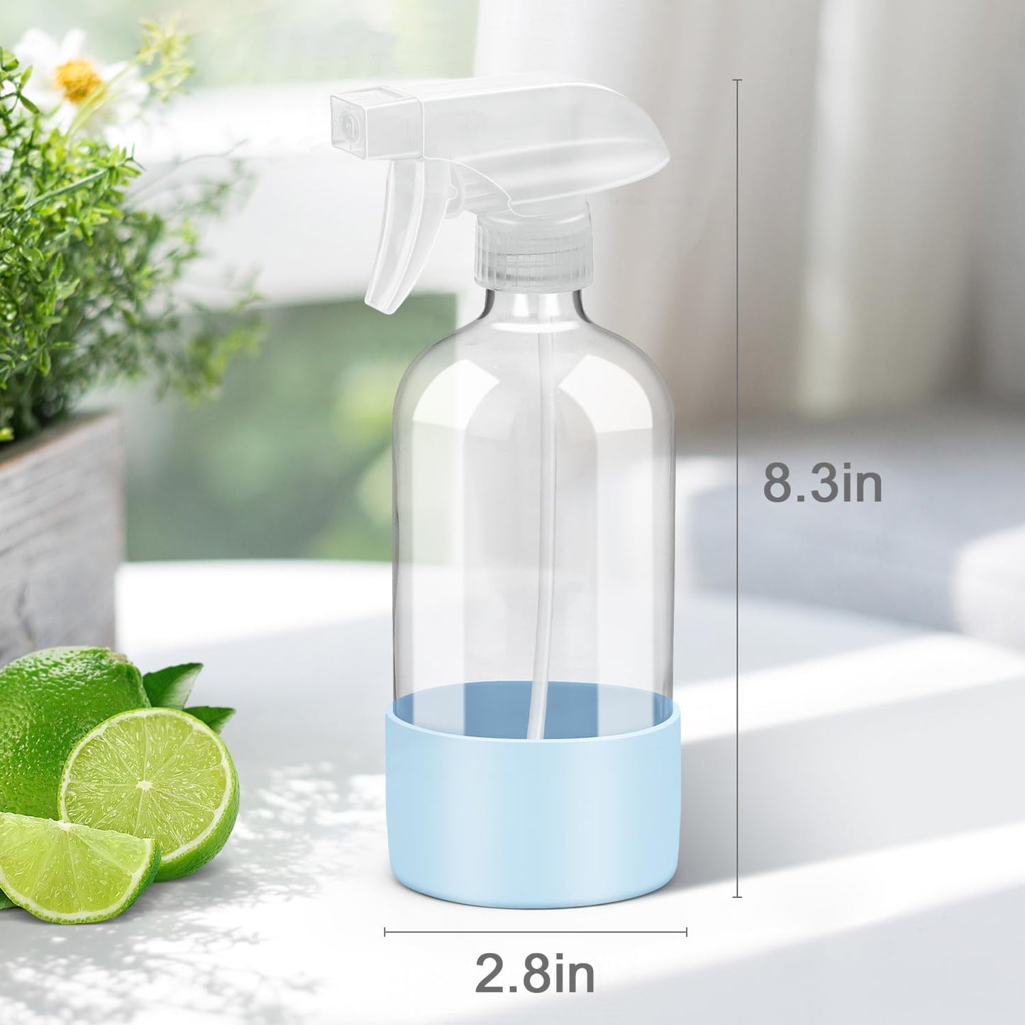 Glass Spray Bottles with Silicone Sleeve Protection, Empty 16 oz Refillable Containers, Reusable Spray Bottles with Adjustable Nozzle for Hair, Cleaning Solutions, 3 Pack Blue