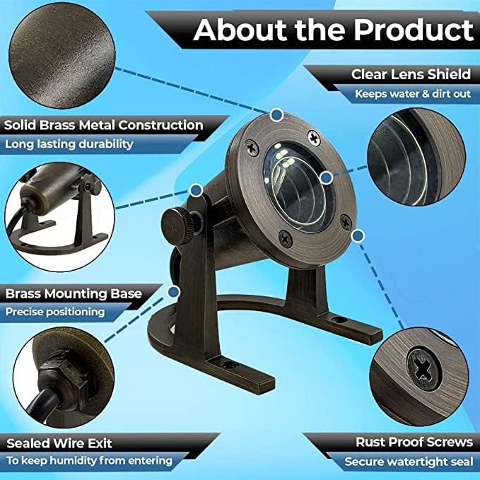 Waterproof Brass Underwater Light Fixture for Patio, Pond, Fountain, Waterfall - 2 Pack