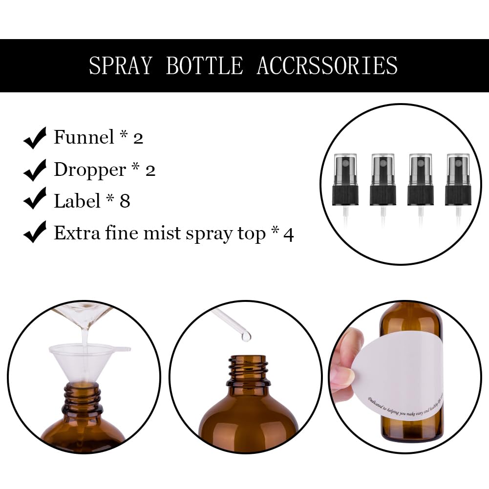 Amber Glass Spray Bottles, 4 oz Small Spray Bottles Fine Mist, Set of 4 (Amber)