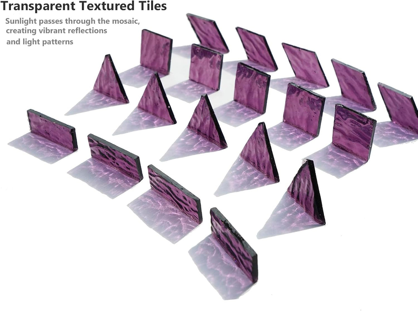 200G Oversize Transparent Glass Mosaic Tiles for Crafts, 4 Shapes Textured Cathedral Stained Glass Mosaic Pieces for Mosaic Art Decor, Violet Purple