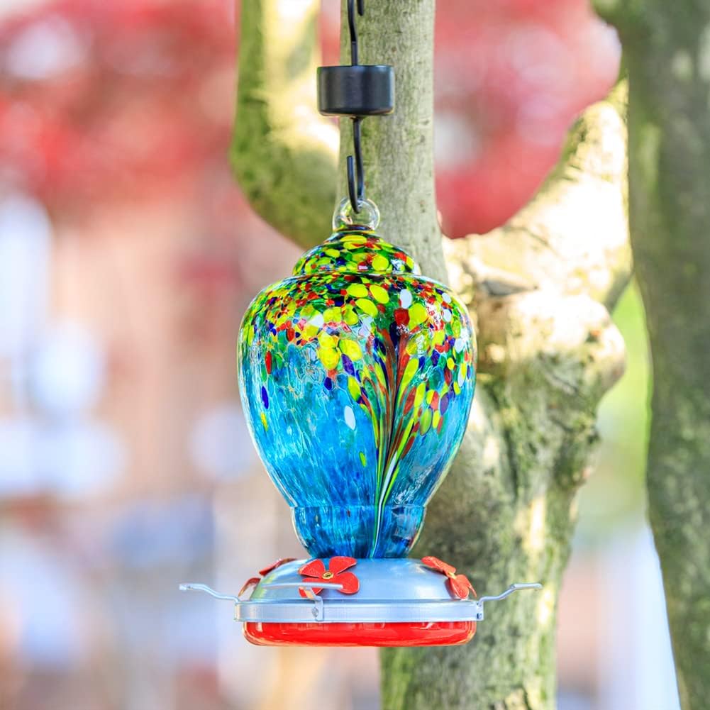 WOSIBO Hummingbird Feeder for Outdoors Patio Large 32 Ounces Colorful Hand Blown Glass Hummingbird Feeder with Ant Moat Hanging Hook, Rope, Brush and Service Card (Blue-White)