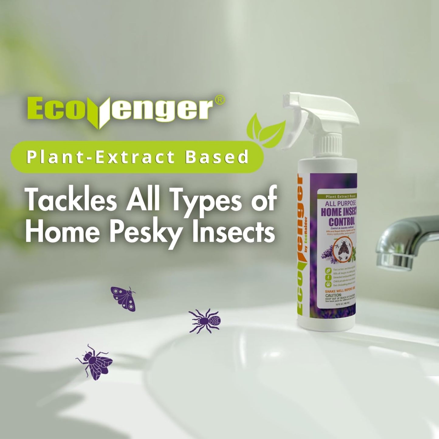 EcoVenger by EcoRaider All Purpose Insect Control 16 oz, Fleas, Fruit Flies, Gnats, Moths, Roaches, Spiders, Fast Kill, Lasting Prevention, Kill Eggs, Plant Extract Based & Non-Toxic, Child & Pet Safe