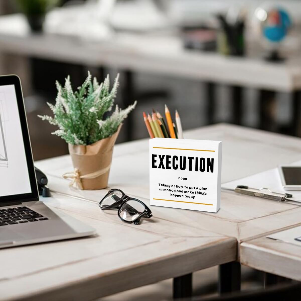Execution Noun Entrepreneur White Wooden Box Sign, Inspirational Office Decor Decorative Table Shelf Desk Decor, Rustic Workplace Home Living Room Decor Office Decorations Desk Accessories
